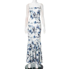Flower print ruched ruffle tube maxi dress