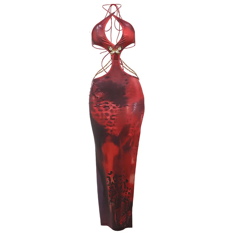 Halter self tie slit metal chain print maxi dress