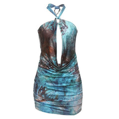 Ruched hollow out print metal chain cut out mini dress