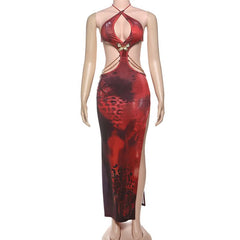 Halter self tie slit metal chain print maxi dress