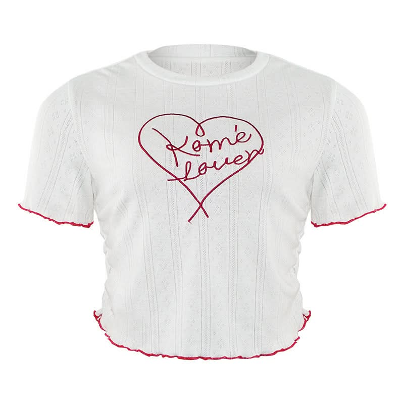 Crewneck short sleeve ruffle letter embroidery top
