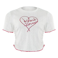 Crewneck short sleeve ruffle letter embroidery top