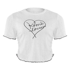 Crewneck short sleeve ruffle letter embroidery top
