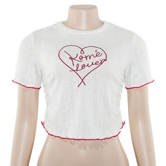 Crewneck short sleeve ruffle letter embroidery top