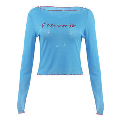 Long sleeve ribbed letter embroidery top