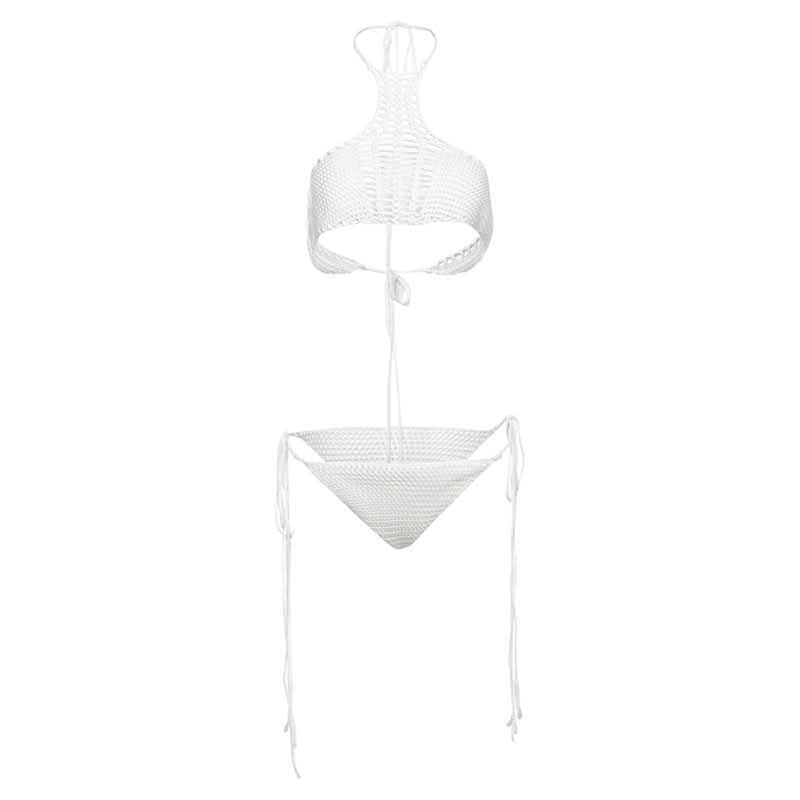 Hollow out halter self tie solid backless pant set