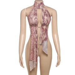 Button mesh halter print self tie top