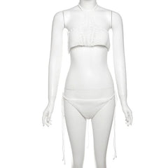 Hollow out halter self tie solid backless pant set
