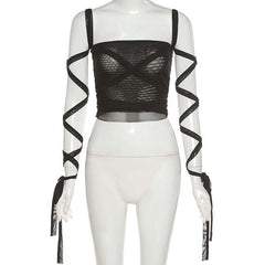 Self tie square neck mesh solid cami top
