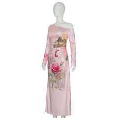 Long sleeve irregular flower print ruched maxi dress
