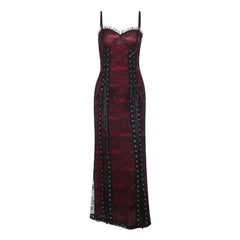 Ruffle lace up lace backless cami maxi dress