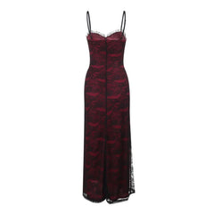 Ruffle lace up lace backless cami maxi dress