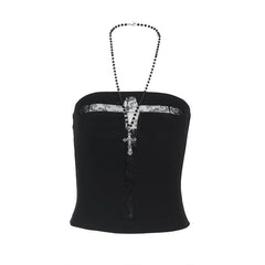 Cross print backless solid tube top