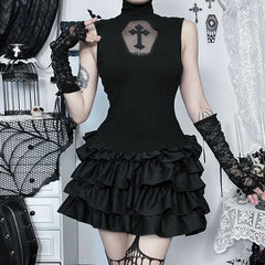 High neck ruffle lace hem ruched mini dress