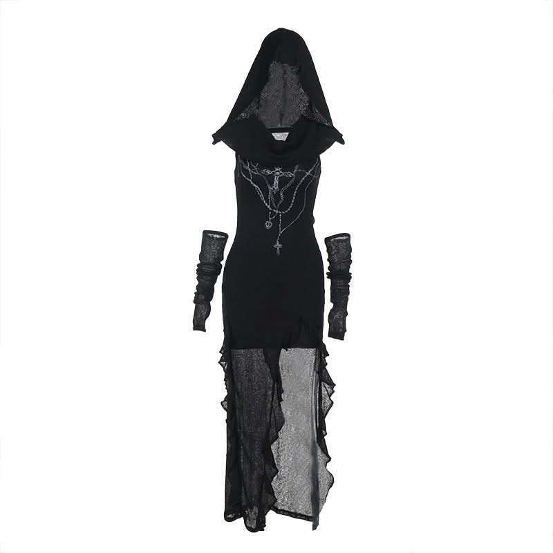 Hoodie print gloves slit ruffle maxi dress