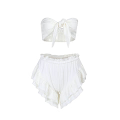 Knotted ruffle ruched solid tube pant set