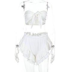 Knotted ruffle ruched solid tube pant set