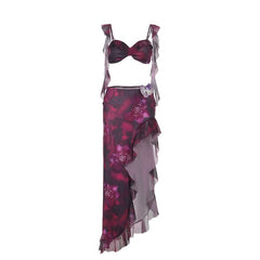Irregular v neck flower print ruffle slit midi skirt set