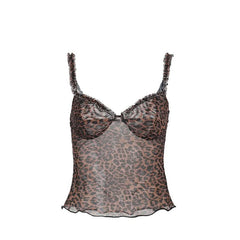 Leopard print v neck sheer mesh ruffle top