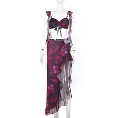 Irregular v neck flower print ruffle slit midi skirt set