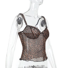 Leopard print v neck sheer mesh ruffle top