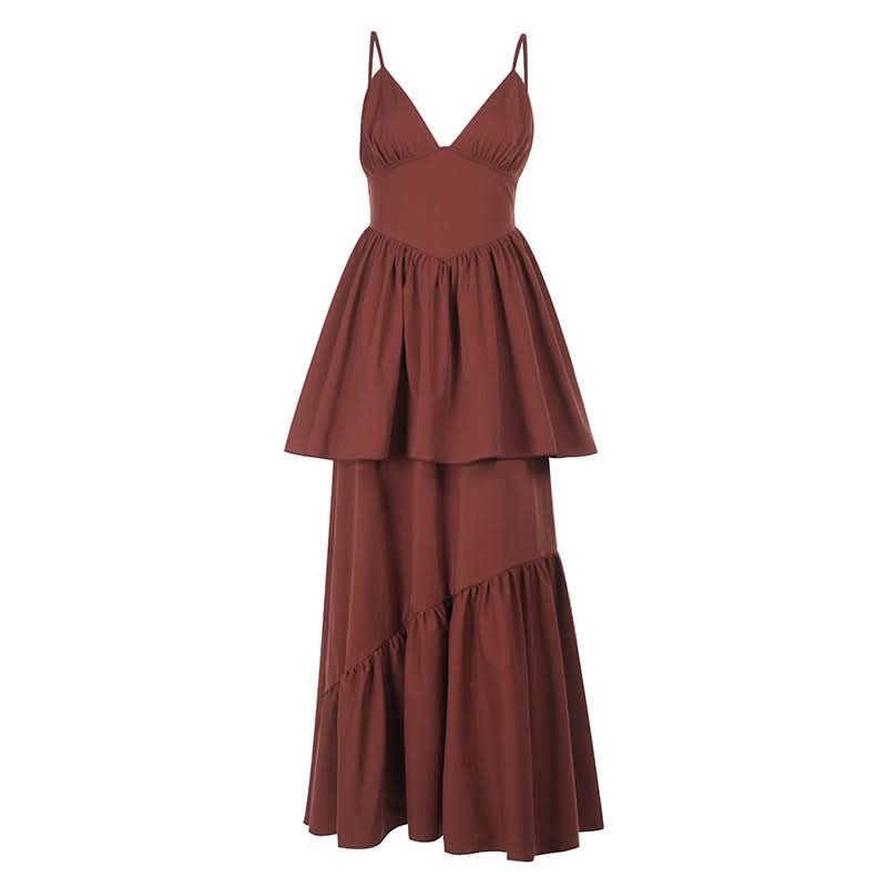 Ruched deep V neck smocked cami maxi dress