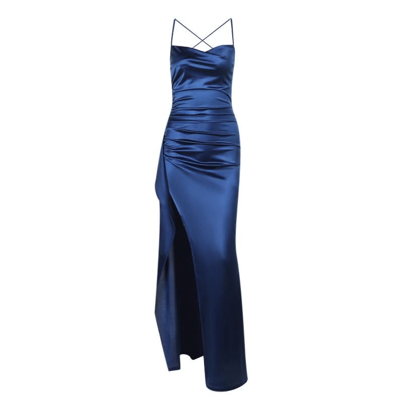 Zip-up satin slit v neck ruched cami maxi dress