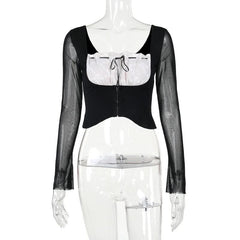 Long sleeve lace ruched self tie crop top