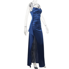Zip-up satin slit v neck ruched cami maxi dress