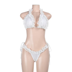 Ruffle self tie halter backless solid pant set