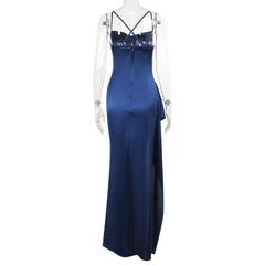 Zip-up satin slit v neck ruched cami maxi dress