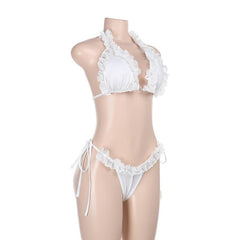 Ruffle self tie halter backless solid pant set