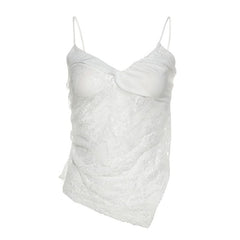 Lace v neck ruched irregular spaghetti strap top