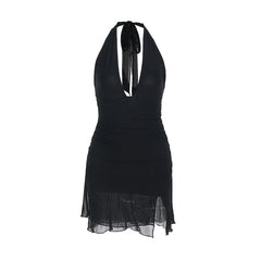 Halter self tie deep v neck slit ruched mini dress