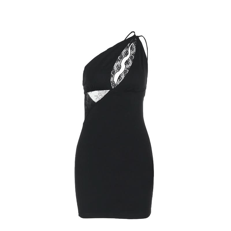 One shoulder lace hollow out irregular cut out mini dress