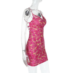 Cross back self tie cowl neck print mini dress