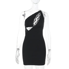 One shoulder lace hollow out irregular cut out mini dress