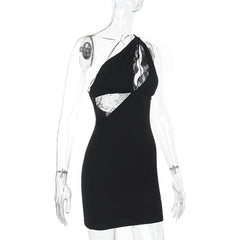 One shoulder lace hollow out irregular cut out mini dress