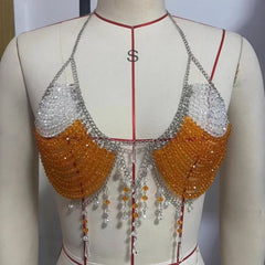 Halter u neck metal chain beaded top