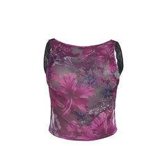 Beaded crewneck flower print lace hem mesh top