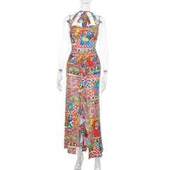 Halter self tie ruched print slit maxi dress
