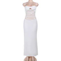 Ruched hollow out flower applique cami cut out maxi dress