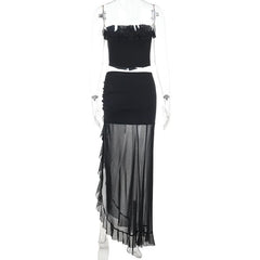 Ruffle slit ruched mesh tube maxi skirt set