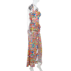 Halter self tie ruched print slit maxi dress