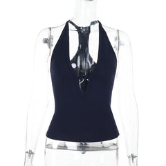 Hollow out v neck solid tank cut out top