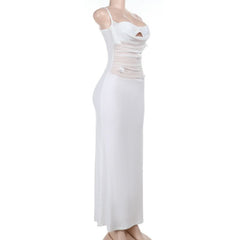Ruched hollow out flower applique cami cut out maxi dress