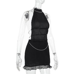 Beaded self tie halter ruffle mini skirt set