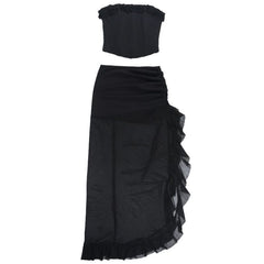 Ruffle slit ruched mesh tube maxi skirt set