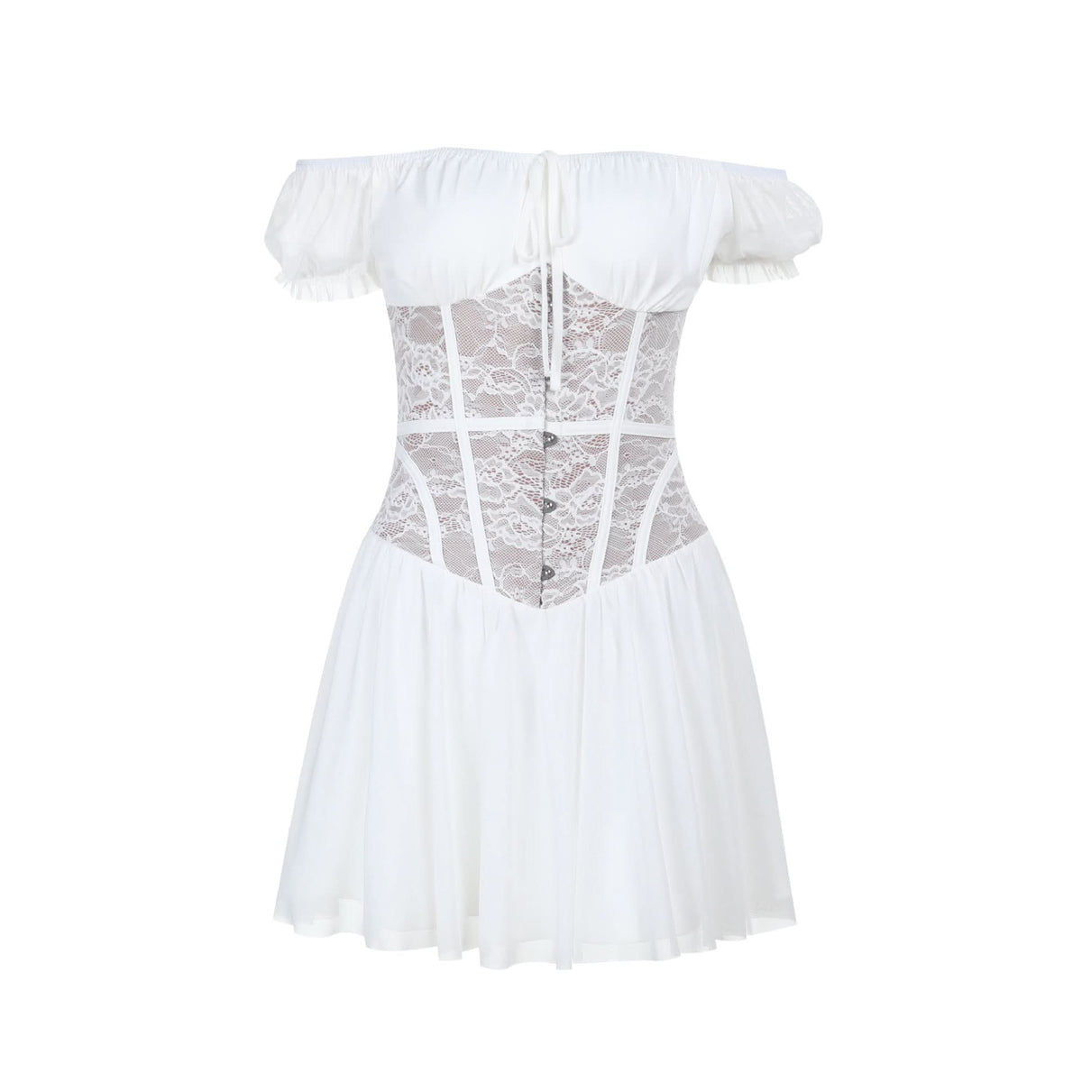 Off shoulder lace button ruched mini dress