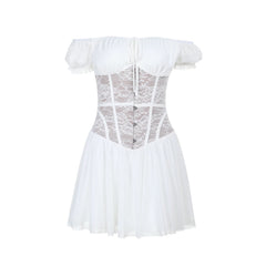 Off shoulder lace button ruched mini dress